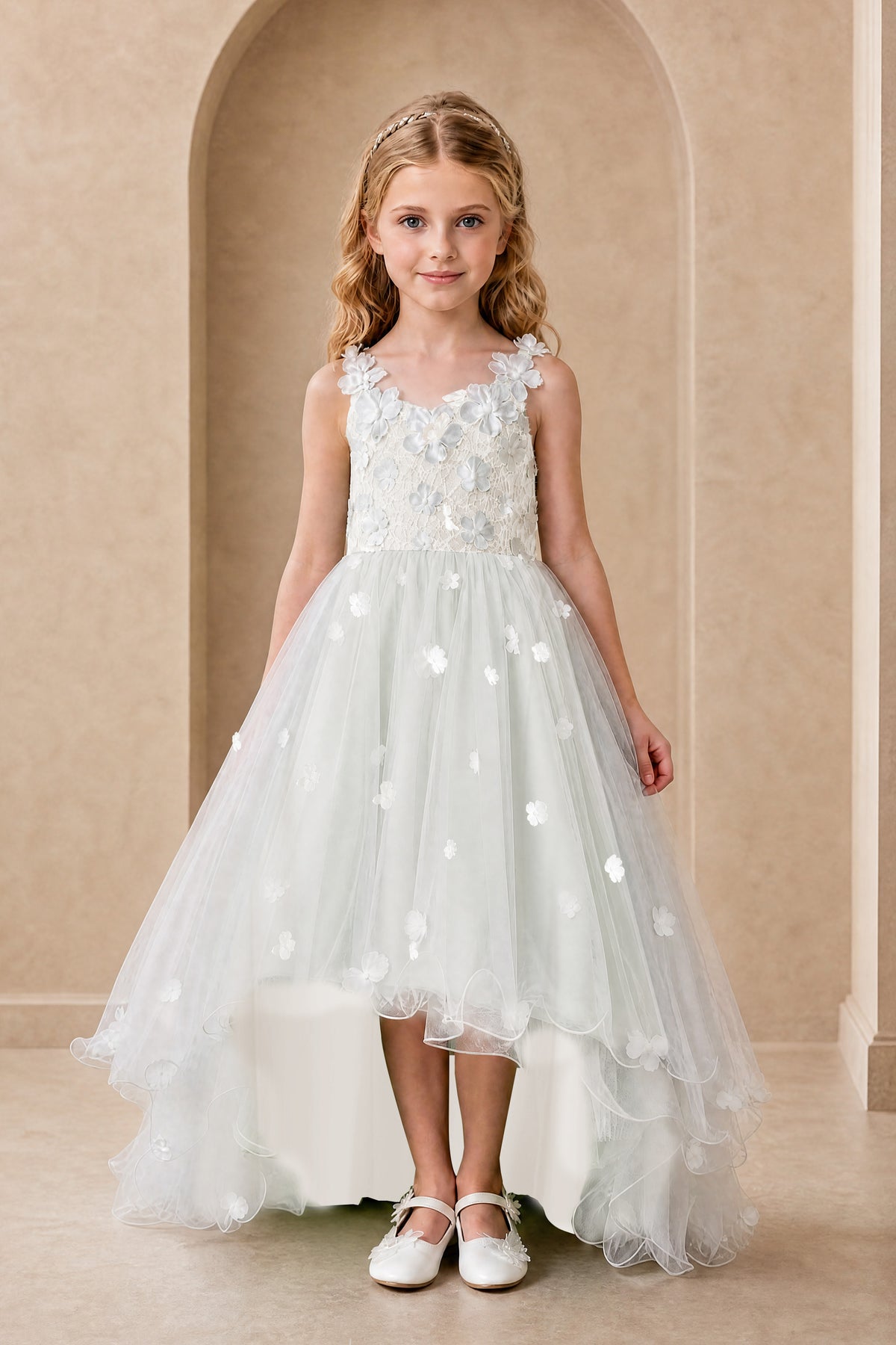 BOLODOO Ivory Flower Girl Dress with Floral Appliqué and High-Low Tulle Skirt - Ivory