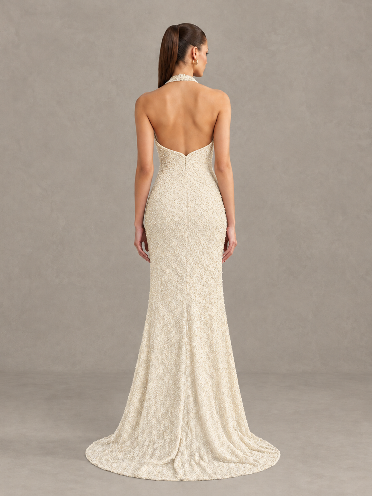 BOLODOO Ivory Sequin Halter Open Back Evening Gown with High Slit - Ivory - Ivory (2)
