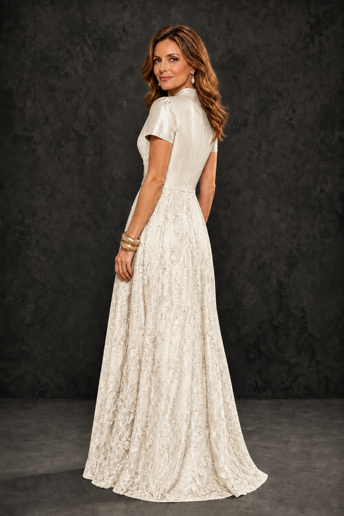 BOLODOO Ivory Satin Wrap V-Neck Short Sleeve Lace Glitter A-Line Floor Length Evening Gown – Formal Dress - Ivory - Ivory (2)