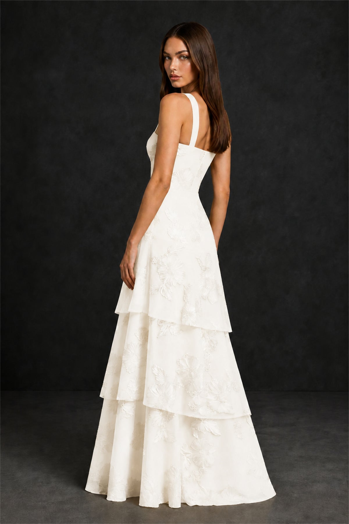 BOLODOO Ivory Crisscross Halter Neck Ivory Floral Embroidered Triple Tiered A-Line Tulle Maxi Dress - Ivory