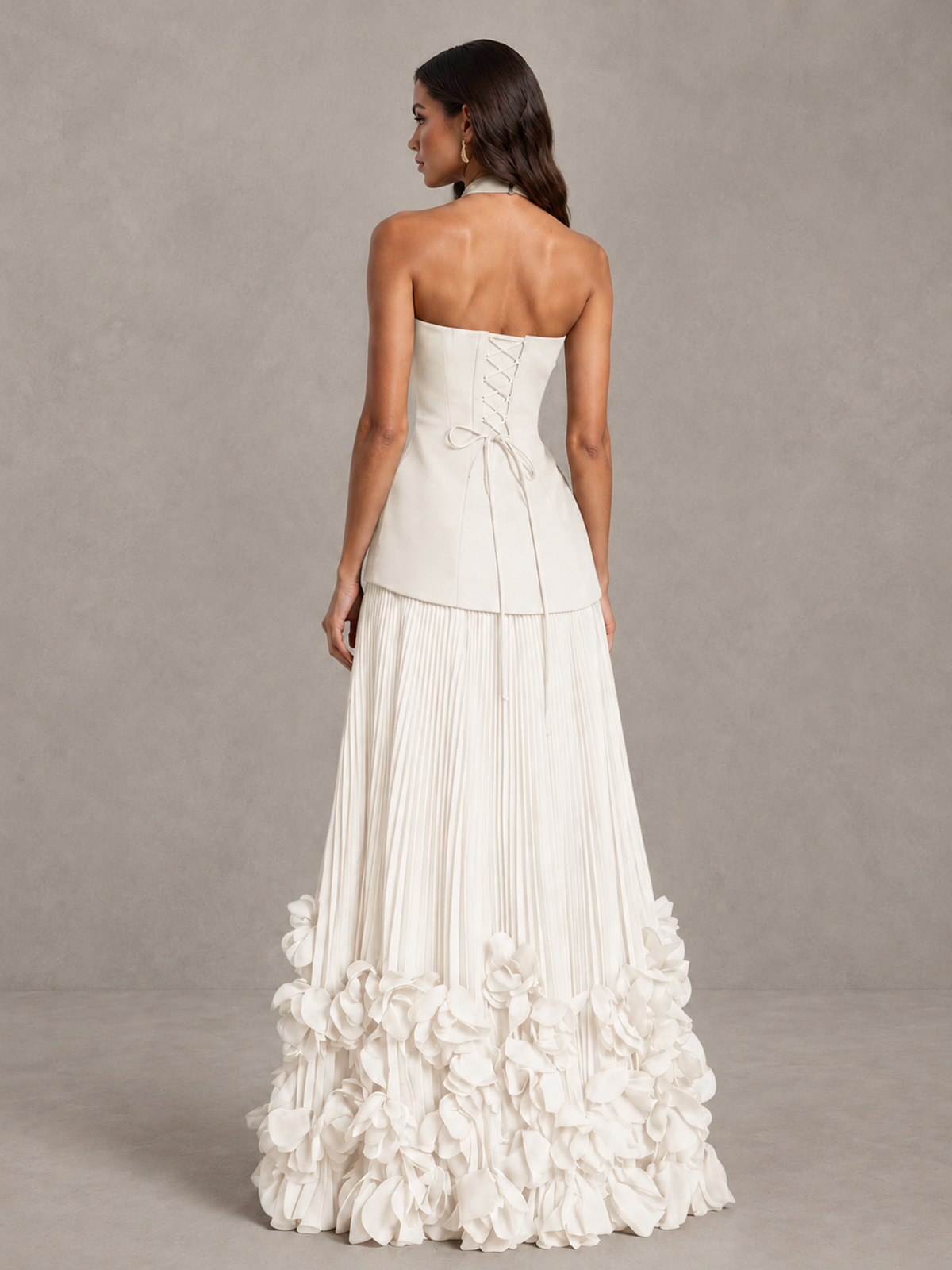 BOLODOO Ivory Halter Neck Floor-Length Evening Gown with High Slit & 3D Floral Hem - Ivory - Ivory (2)