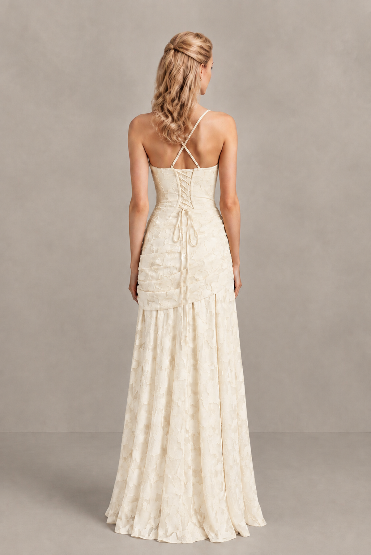 BOLODOO Ivory Ruched Floral Maxi Dress with Lace-Up Back - Ivory