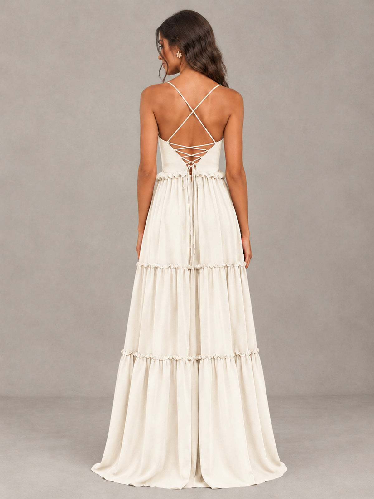BOLODOO Ivory Tiered V-Neck Lace-Up Back Bridesmaid Dress - Ivory - Ivory (2)