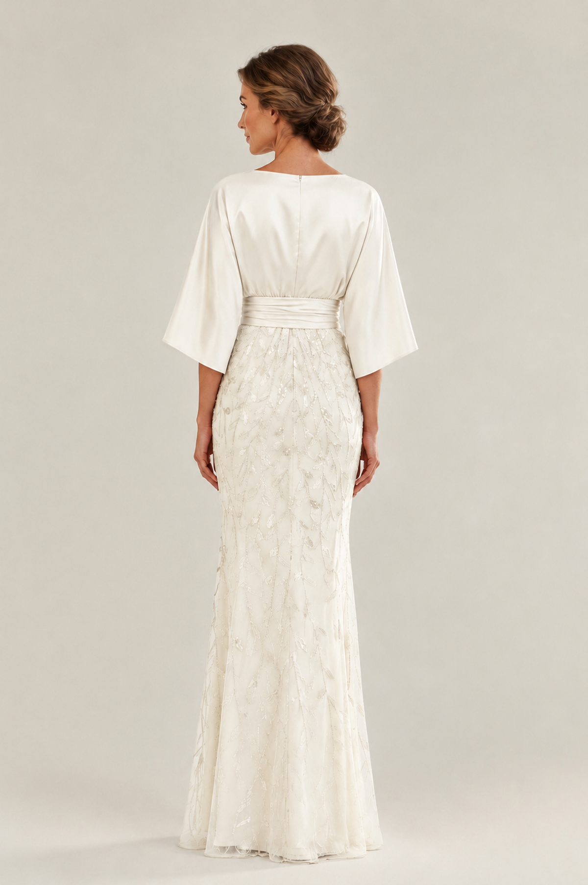 BOLODOO Ivory Mother of the Bride Dress with Kimono Sleeves, Satin Bodice & Sequin Embroidered Mermaid Floor-Length Gown - Ivory - Ivory (2)