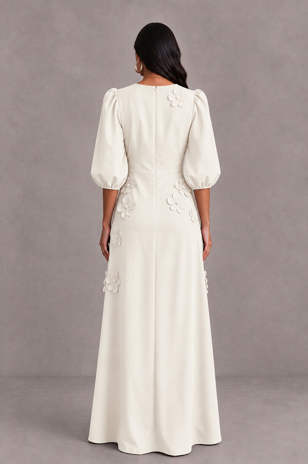 BOLODOO Ivory Floral Applique Puff Sleeve A-Line Evening Dress - Ivory - Ivory (2)