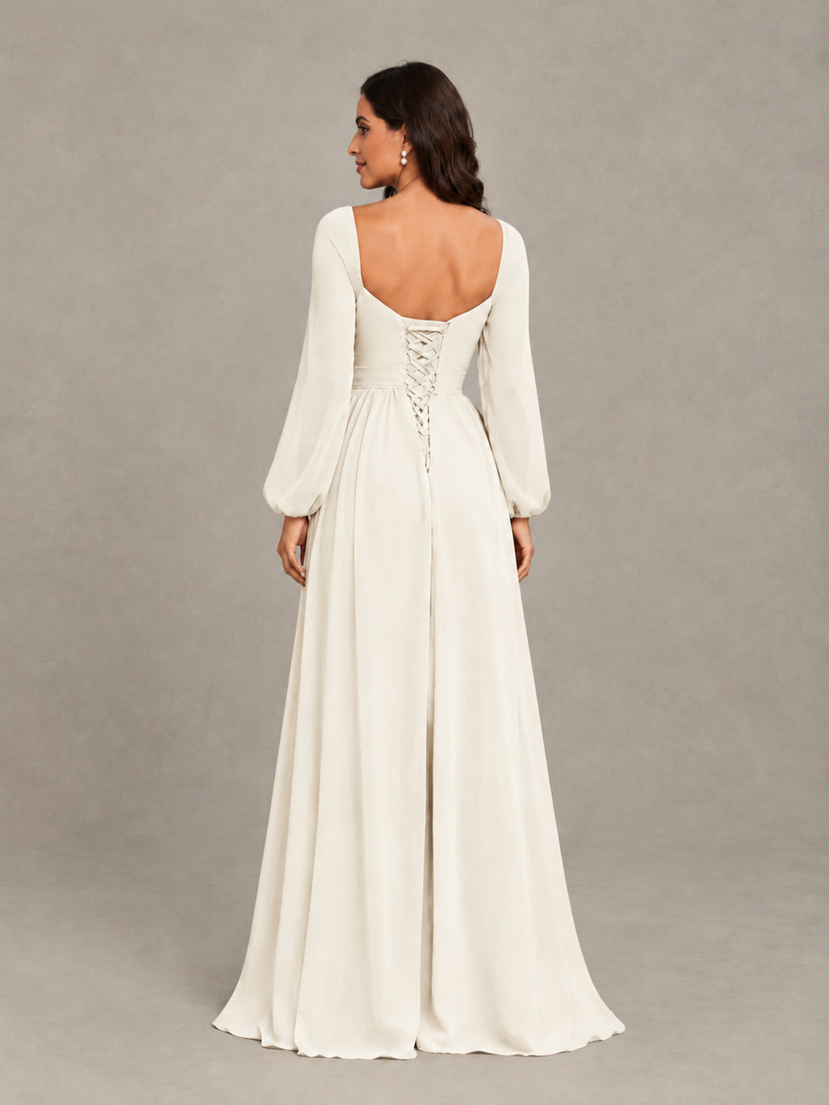BOLODOO Ivory Long Sleeve Chiffon Bridesmaid Dress with Slit - Ivory - Ivory (2)