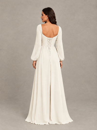 BOLODOO Ivory Long Sleeve Chiffon Bridesmaid Dress with Slit - Ivory - Ivory (2)