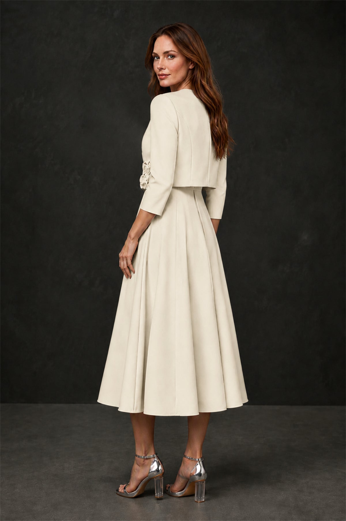 BOLODOO Ivory 3D Rosette Appliqué 3/4 Sleeve Jacket & V-Notch Sleeveless A-Line Tea-Length Two-Piece Dress Set - Ivory