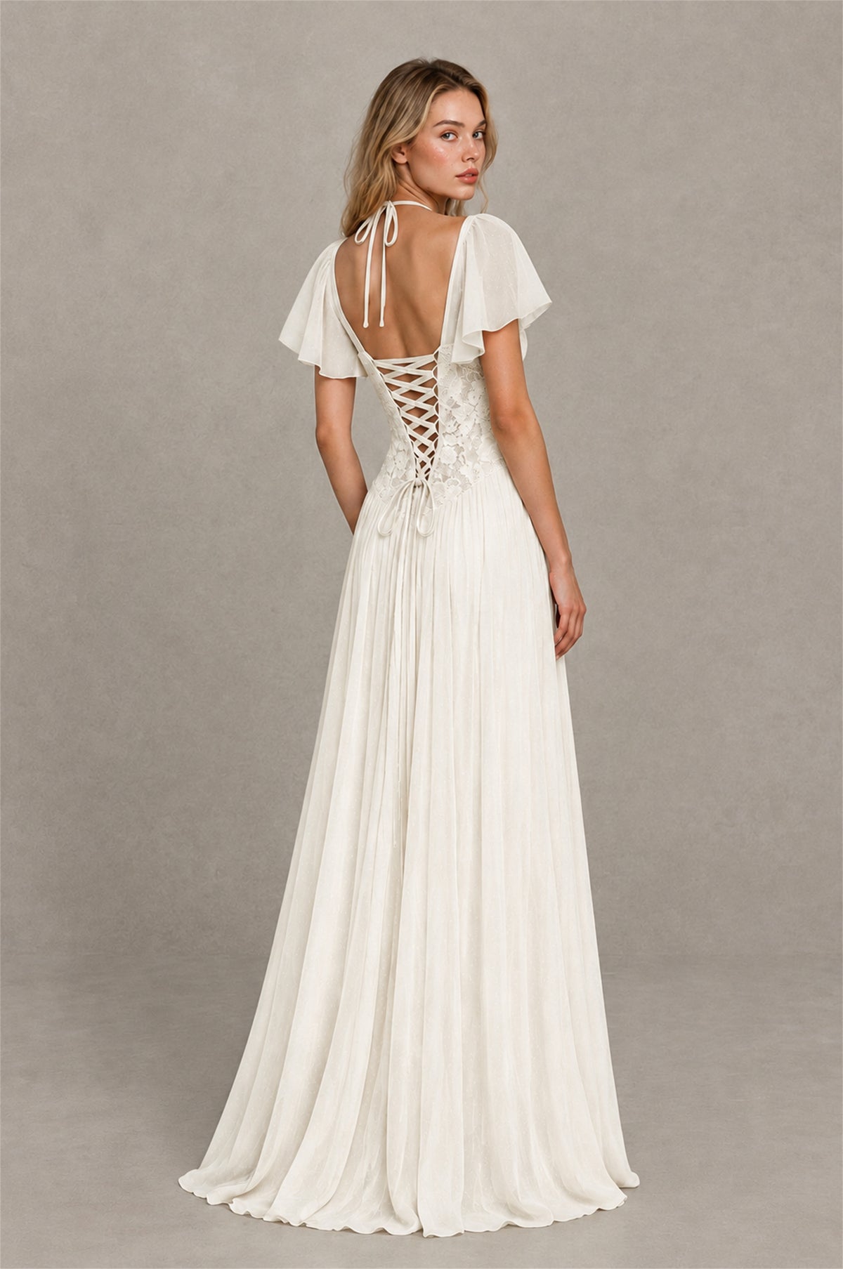 BOLODOO Ivory Flutter Sleeve Lace Corset A-Line Maxi Dress - Ivory - Ivory (2)