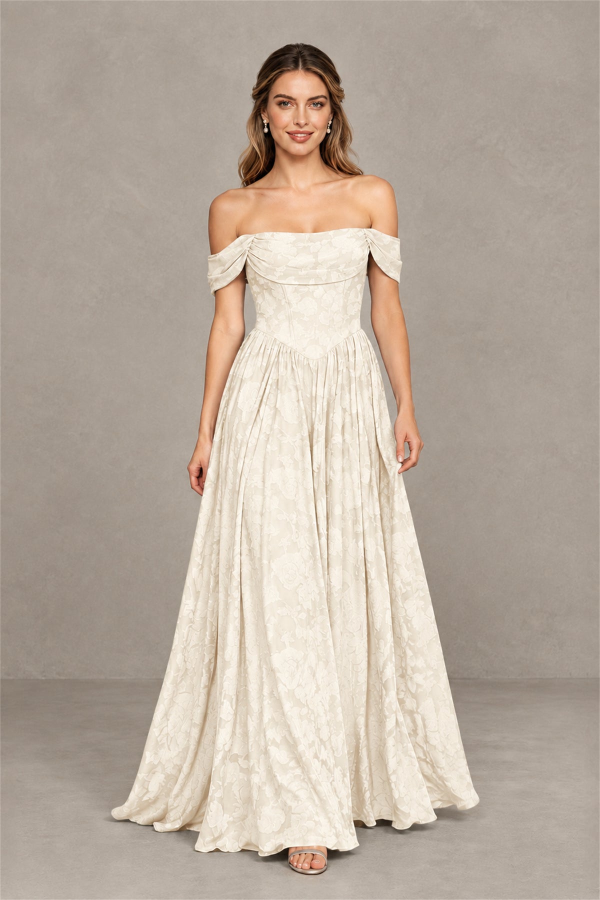 BOLODOO Ivory Off-Shoulder Floral A-Line Maxi Dress - Ivory