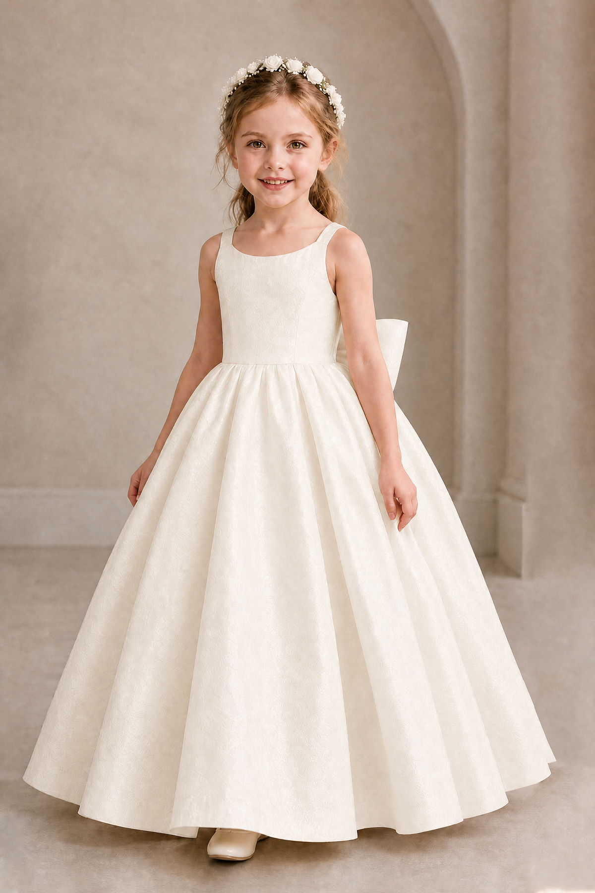 BOLODOO Ivory Girls' A-Line Flower Girl Dress with Back Bow - Ivory