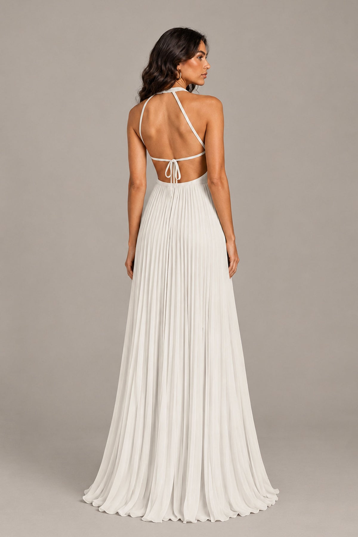 BOLODOO Ivory Halter Neck Pleated Chiffon Maxi Dress with Side Slit - Ivory