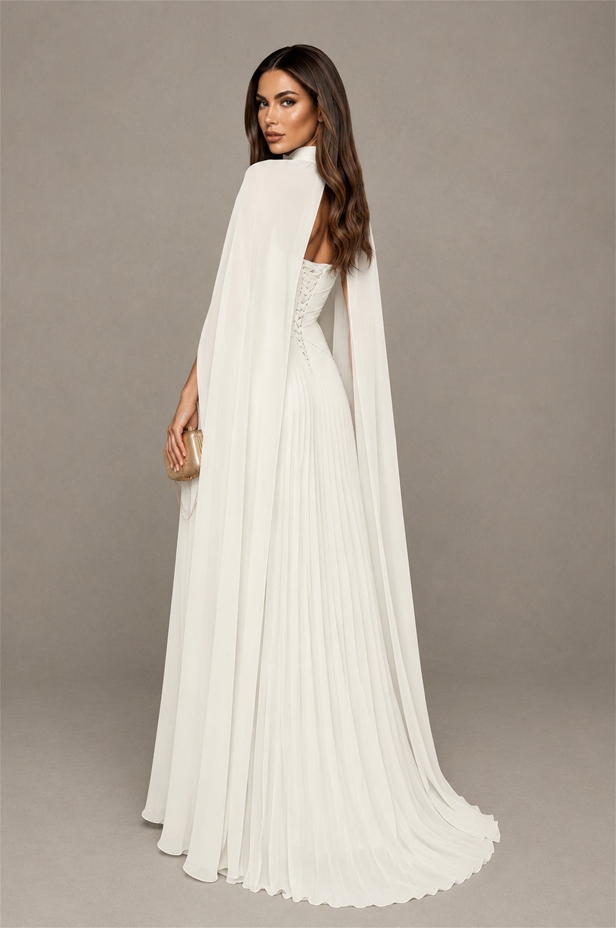 BOLODOO Ivory Strapless Crossover Ruched Bodice Detached Turtleneck Cape Lace-Up Back Pleated Chiffon Maxi Dress - Ivory