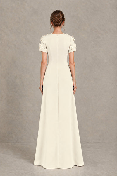 BOLODOO Ivory Textured Floral Maxi Dress with Short Sleeves - Ivory