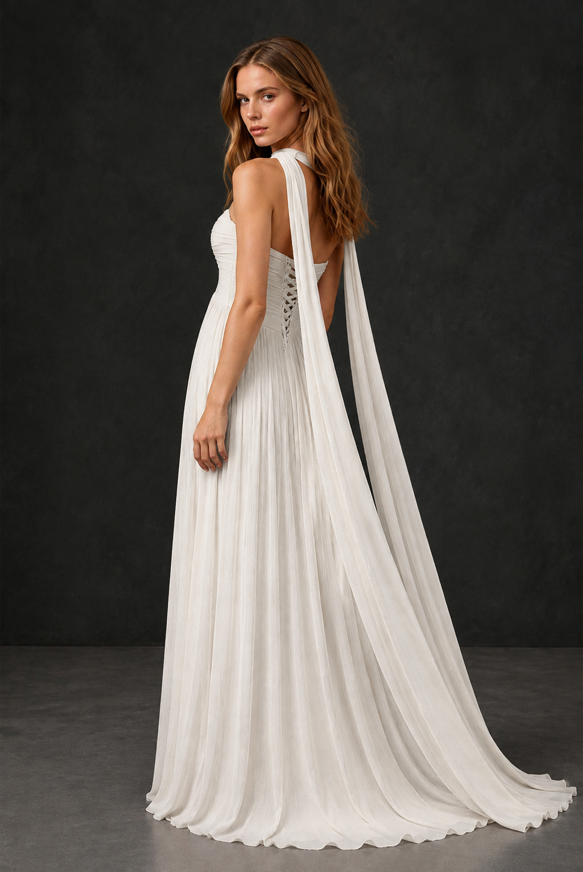 BOLODOO Ivory Sweetheart Strapless Twist Knot Detached Halter Scarf Lace-Up Back Empire Waist Chiffon Maxi Dress - Ivory