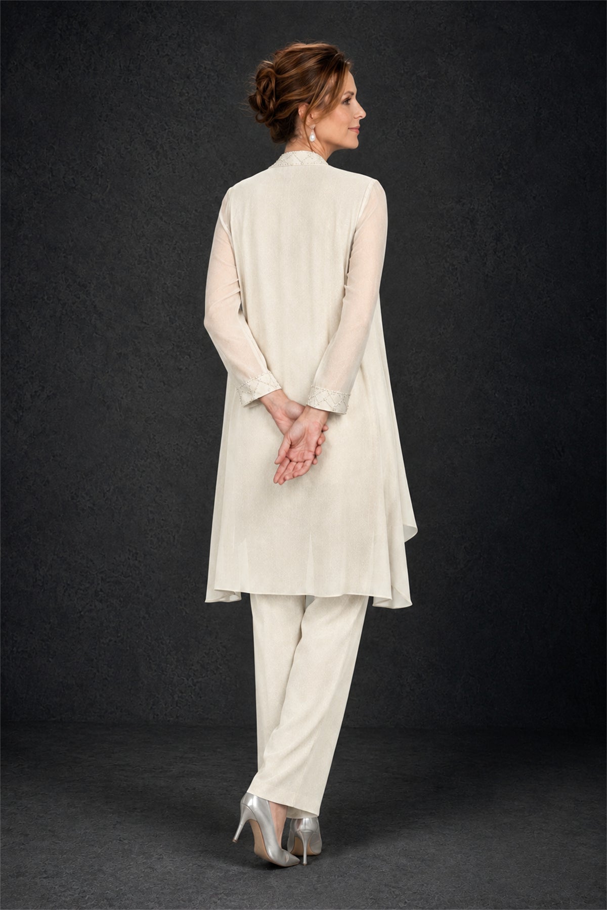 BOLODOO Ivory 3-Piece Beaded Chiffon Duster Jacket Pant Suit - Ivory