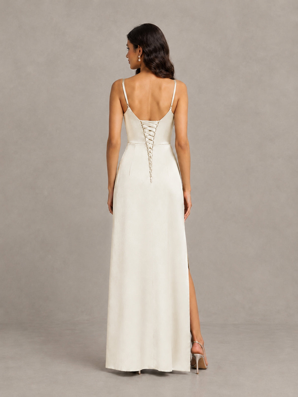 BOLODOO Ivory Cowl Neck Satin Bridesmaid Dress with Slit - Ivory - Ivory (2)