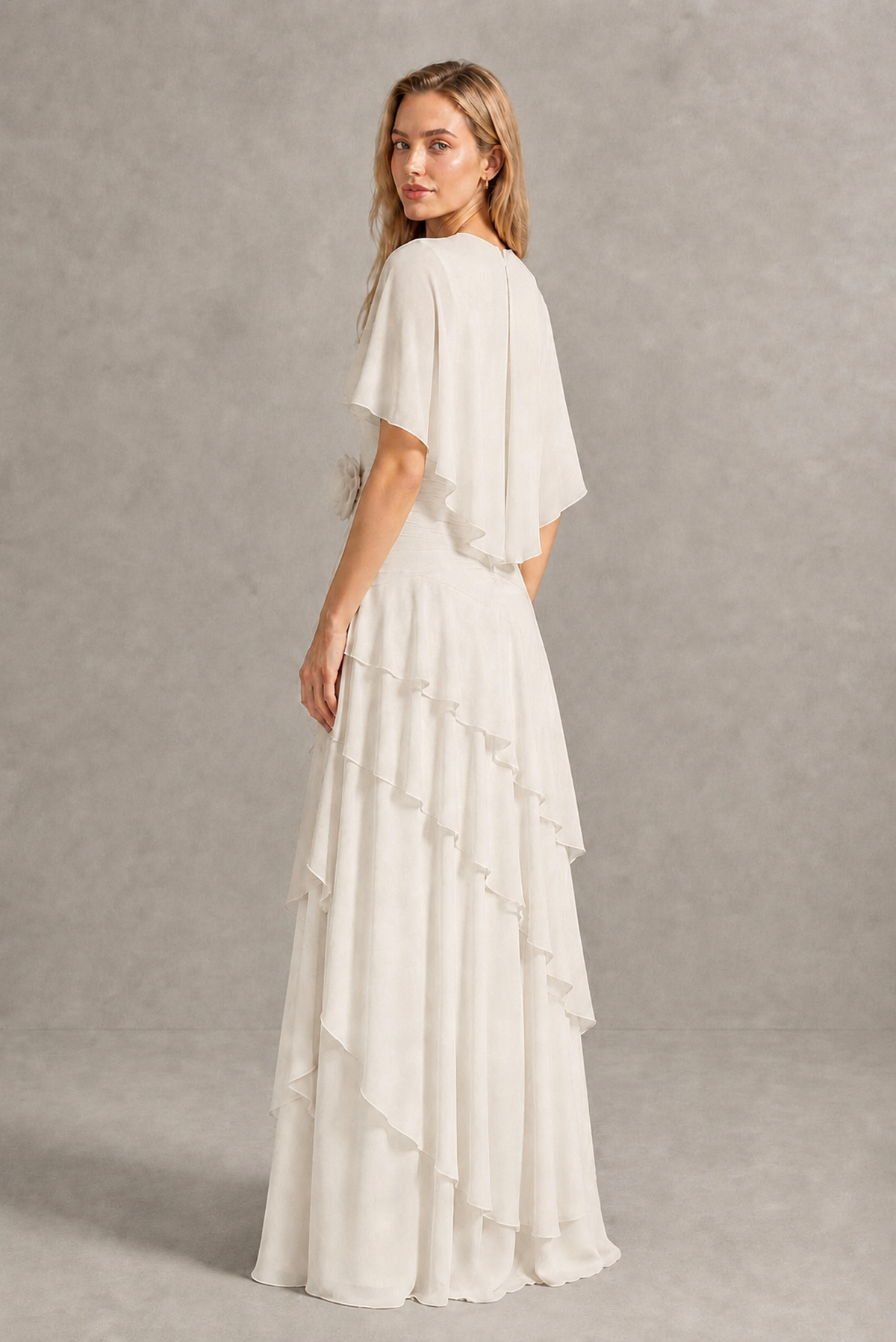 BOLODOO Ivory Chiffon Flutter Sleeve Tiered Maxi Dress with 3D Rosette - Ivory