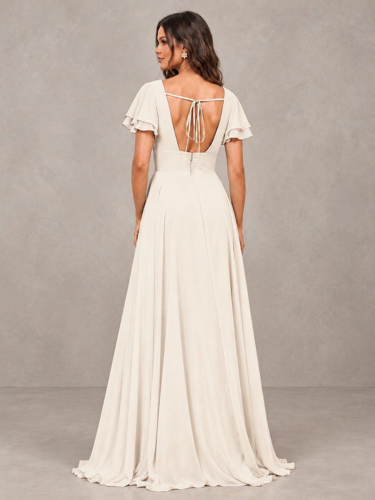 BOLODOO Ivory Flutter Sleeve Chiffon A-Line Maxi Bridesmaid Dress with Open Back & Slit - Ivory - Ivory (2)