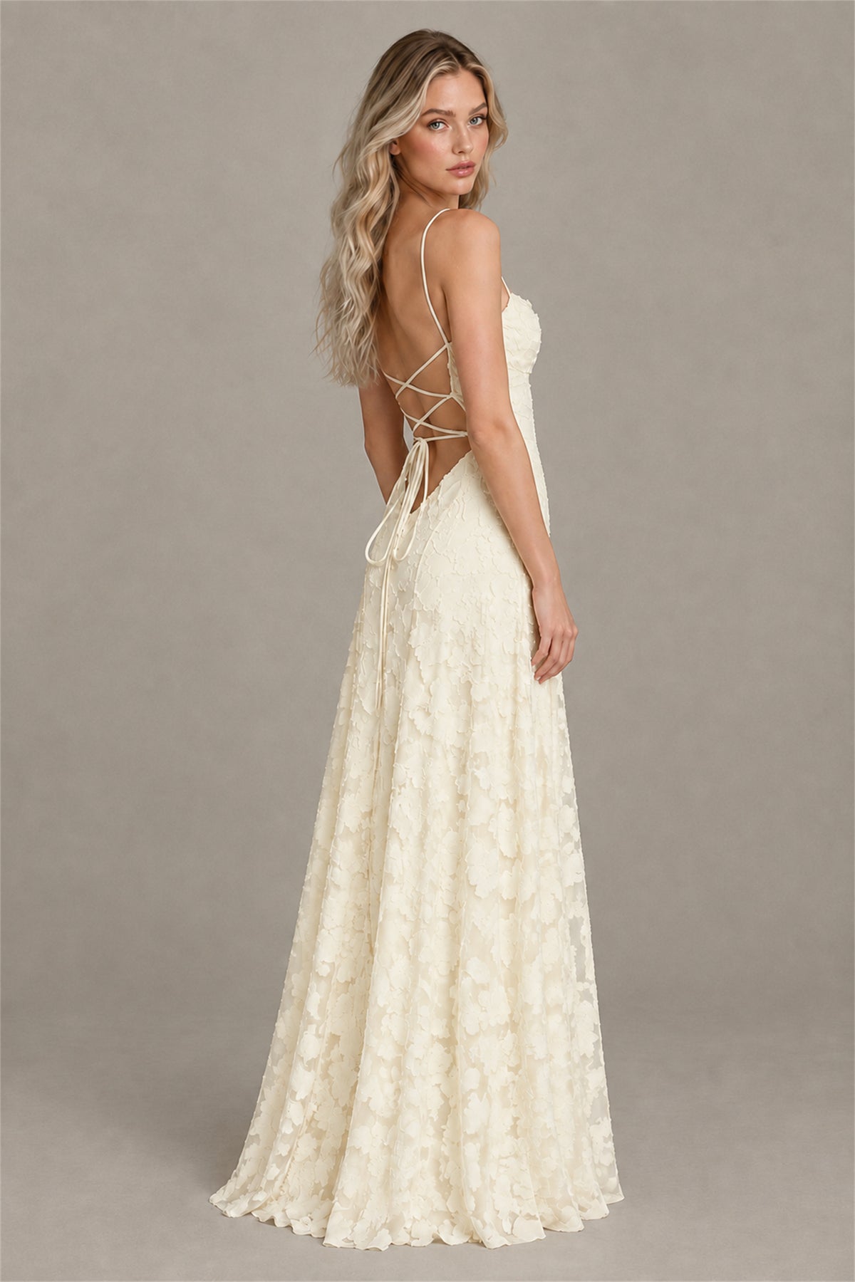 BOLODOO Ivory Floral Appliqué Lace-Up Back Maxi Dress - Ivory