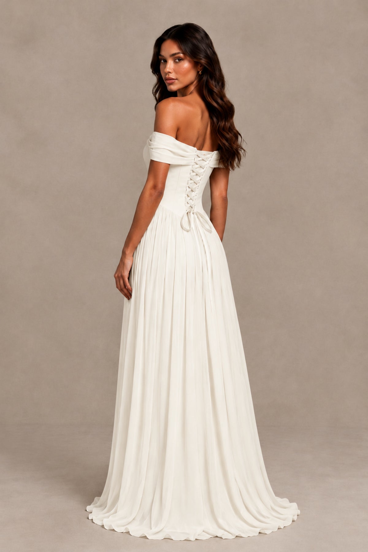 BOLODOO Ivory Off-Shoulder Sweetheart Corset Pleated Chiffon Maxi Dress - Ivory - Ivory (2)