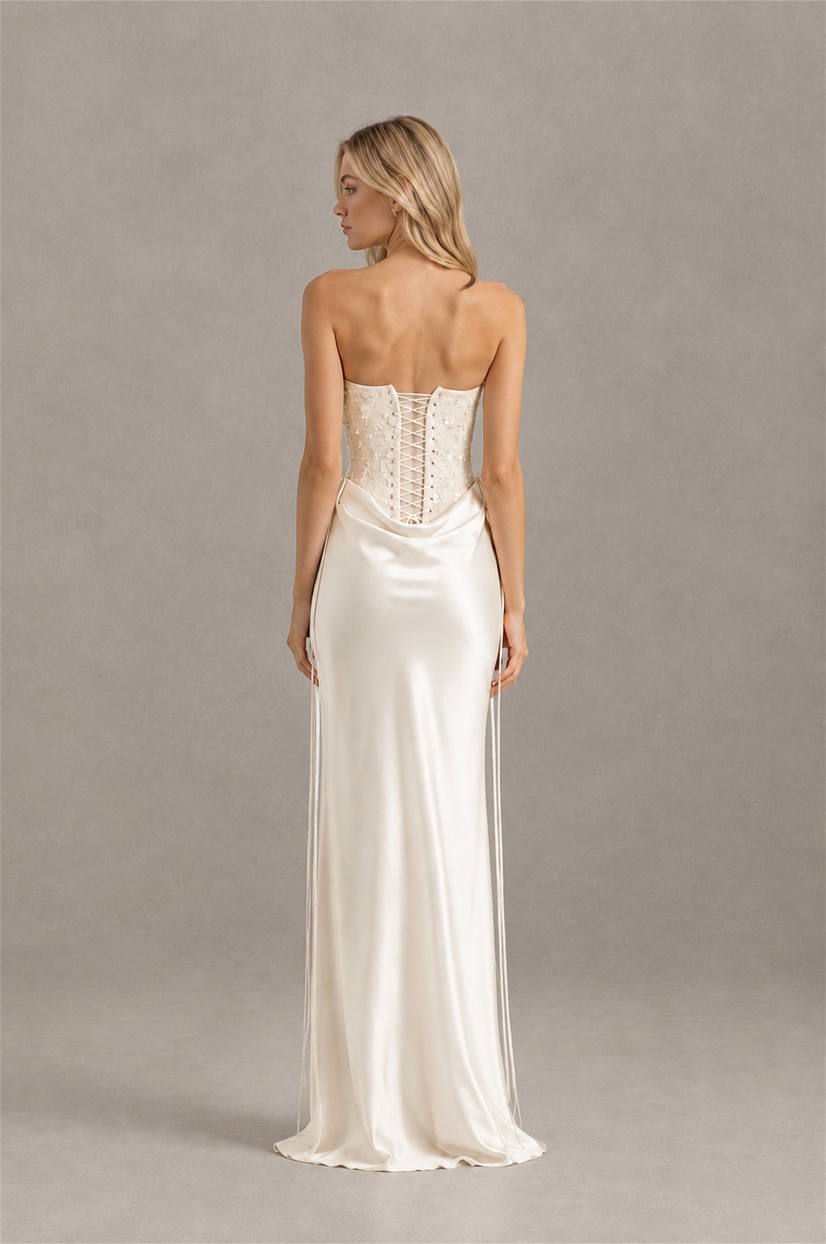 BOLODOO Ivory Strapless Embellished Corset Satin-Look Maxi Dress - Ivory