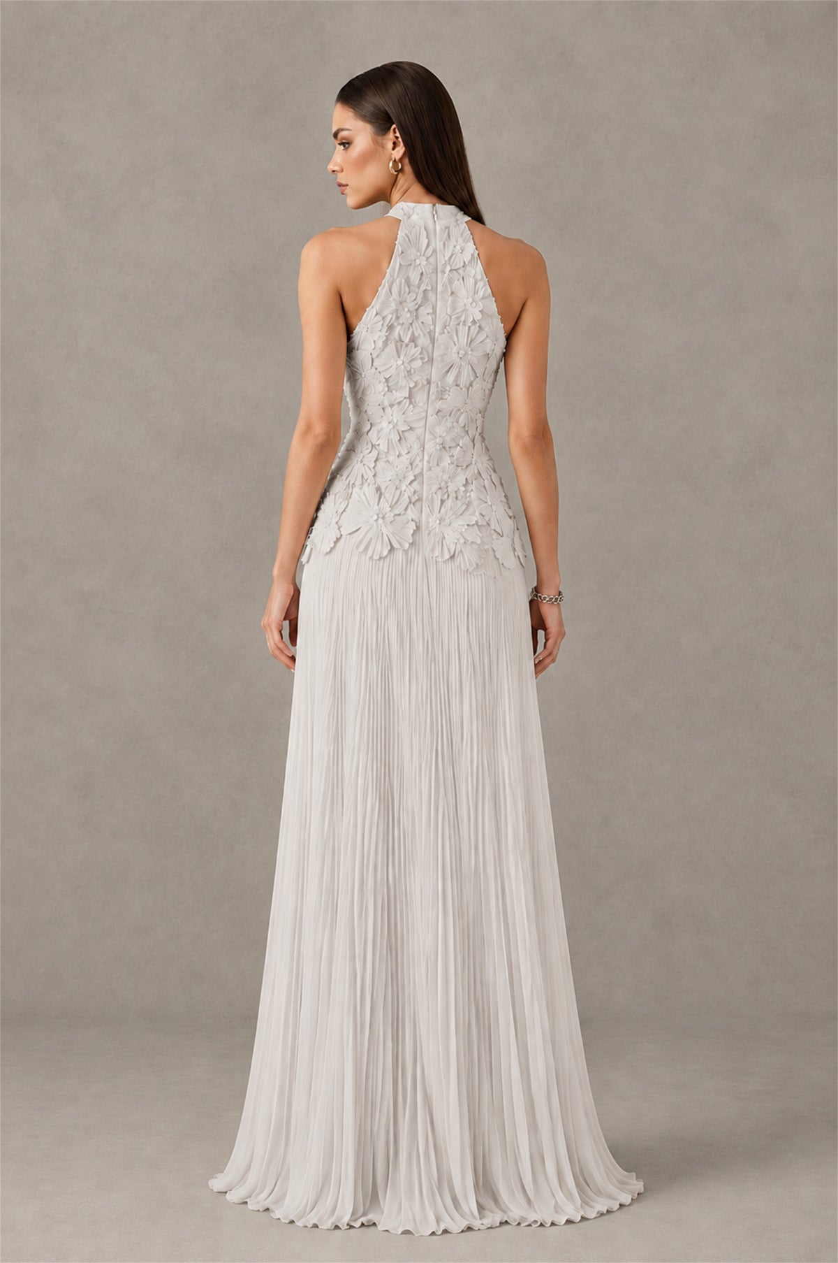 BOLODOO Ivory 3D Floral Applique Halter Neck Open Back Pleated Maxi Dress - Ivory