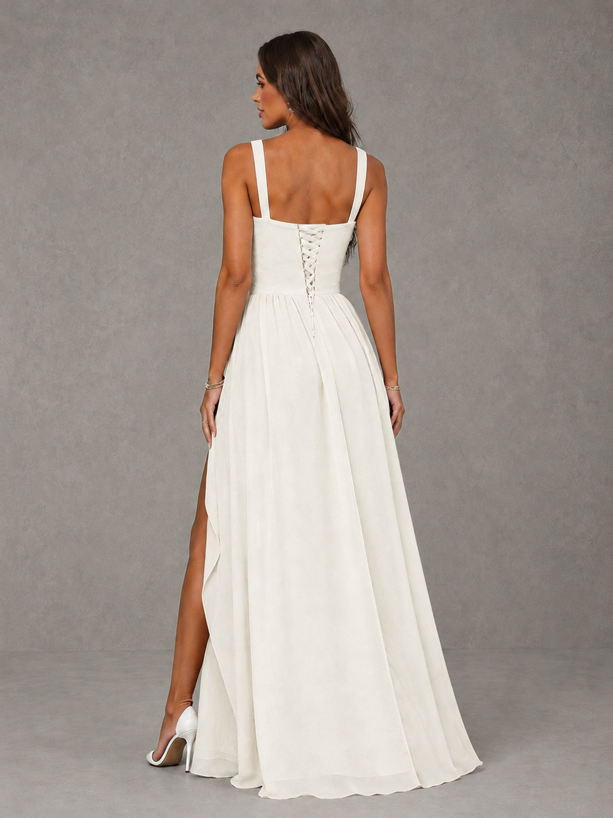 BOLODOO Ivory A-Line Bridesmaid Dress with High Slit & Lace-Up Back - Ivory - Ivory (2)