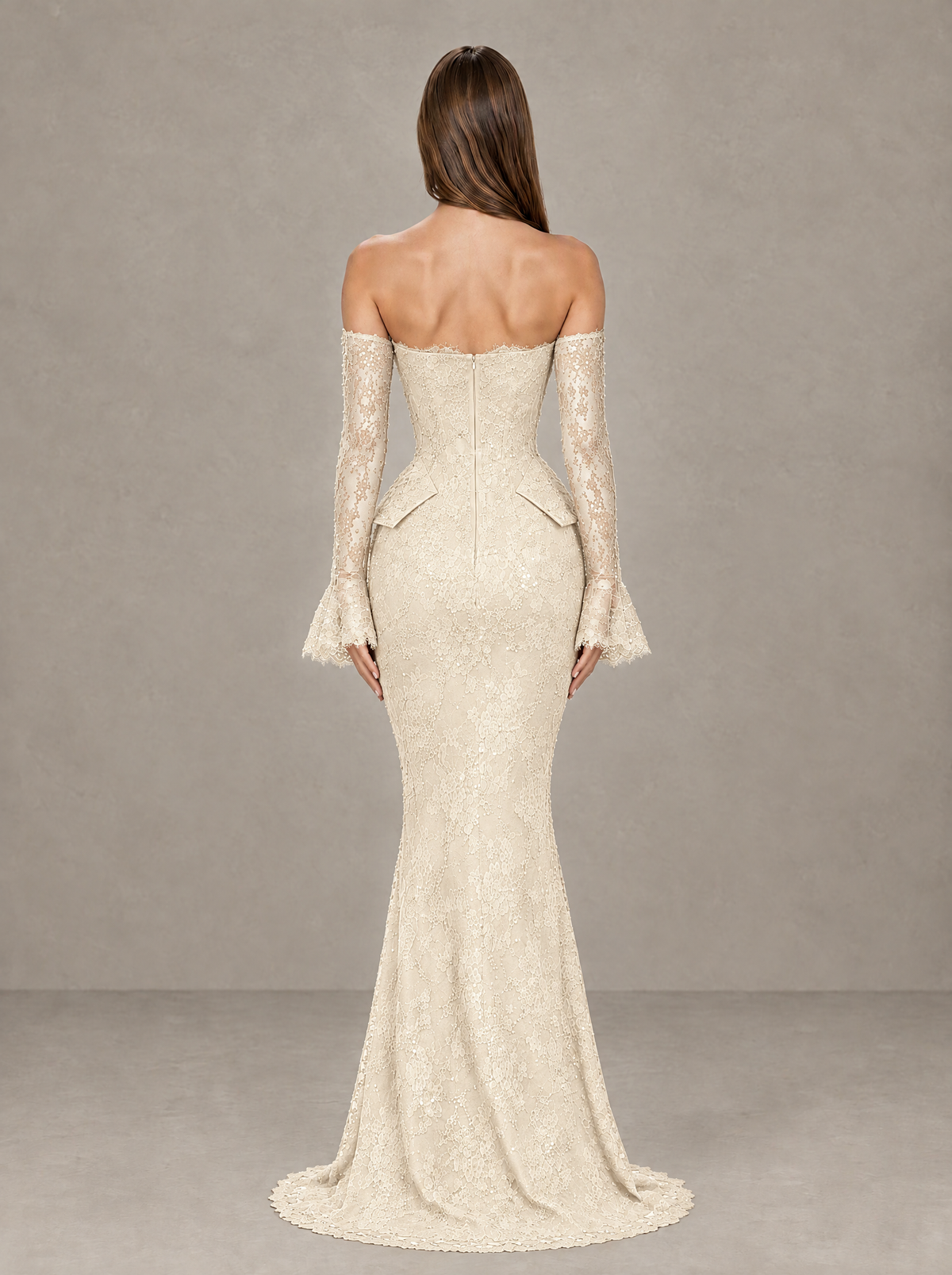 BOLODOO Ivory Lace Off-the-Shoulder Long Sleeve Mermaid Evening Gown - Ivory - Ivory (2)