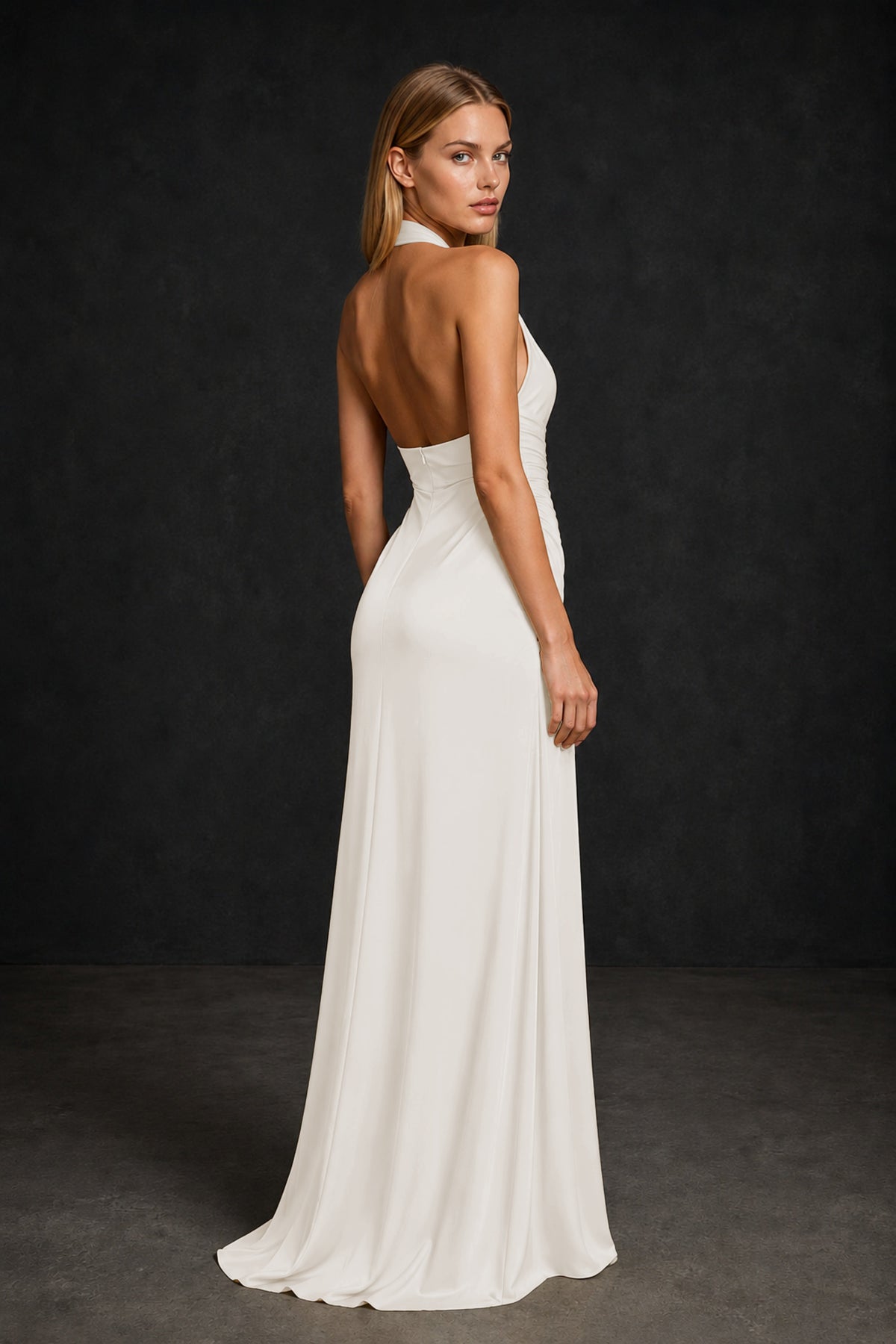 BOLODOO Ivory Twisted Halter Neck Ruched Sleeveless Open Back Floor-Length Gown - Ivory