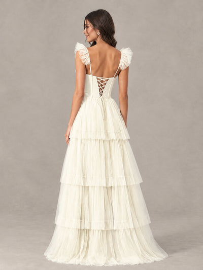 BOLODOO Ivory Tiered Tulle Bridesmaid Dress with Slit - Ivory - Ivory (2)
