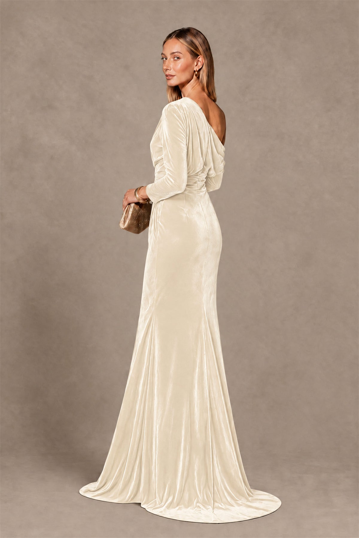 BOLODOO Ivory Velvet One-Shoulder Long Sleeve Evening Gown - Ivory