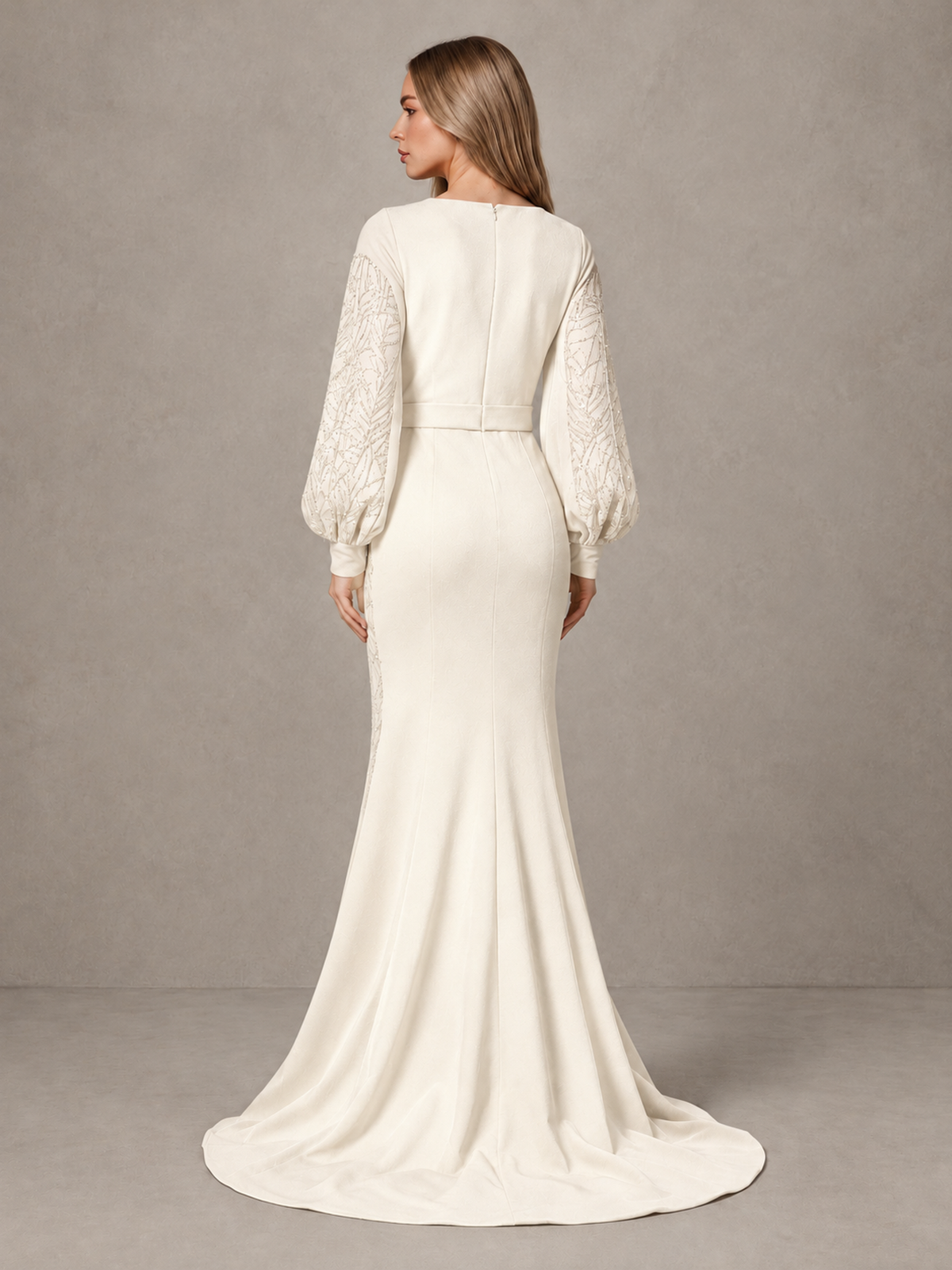 BOLODOO Ivory Sequin Long Bishop Sleeve Mermaid Evening Dress - Ivory - Ivory (2)