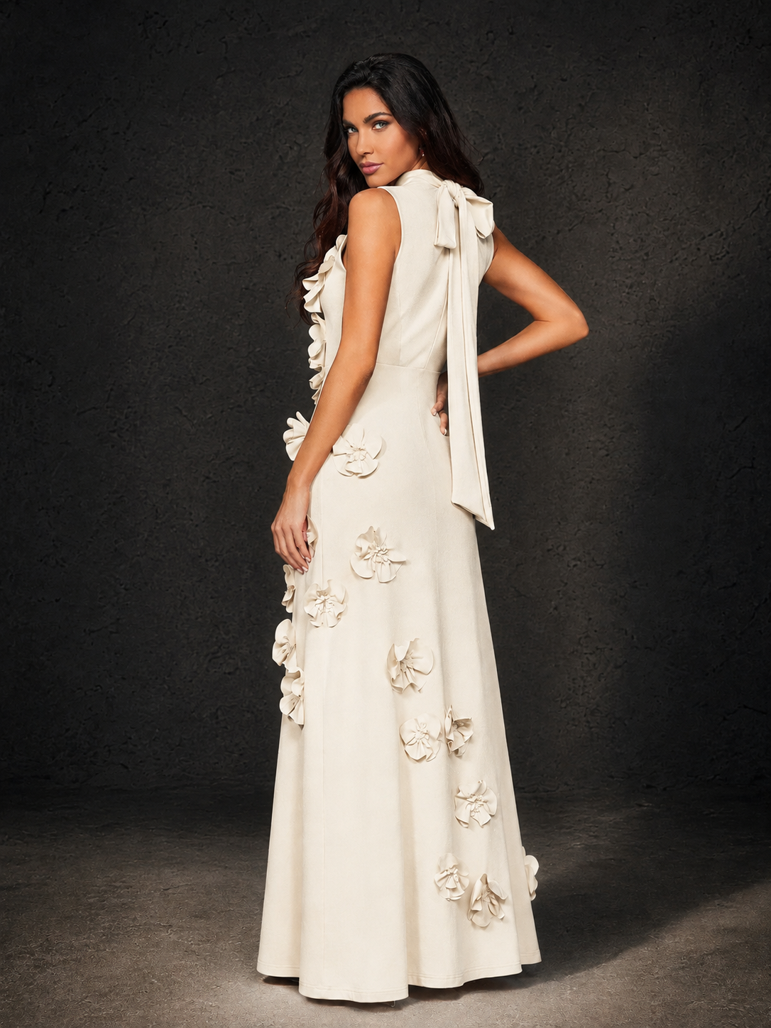 BOLODOO Ivory Mock Neck Sleeveless 3D Floral Appliqué Maxi Dress with Bow Back - Ivory