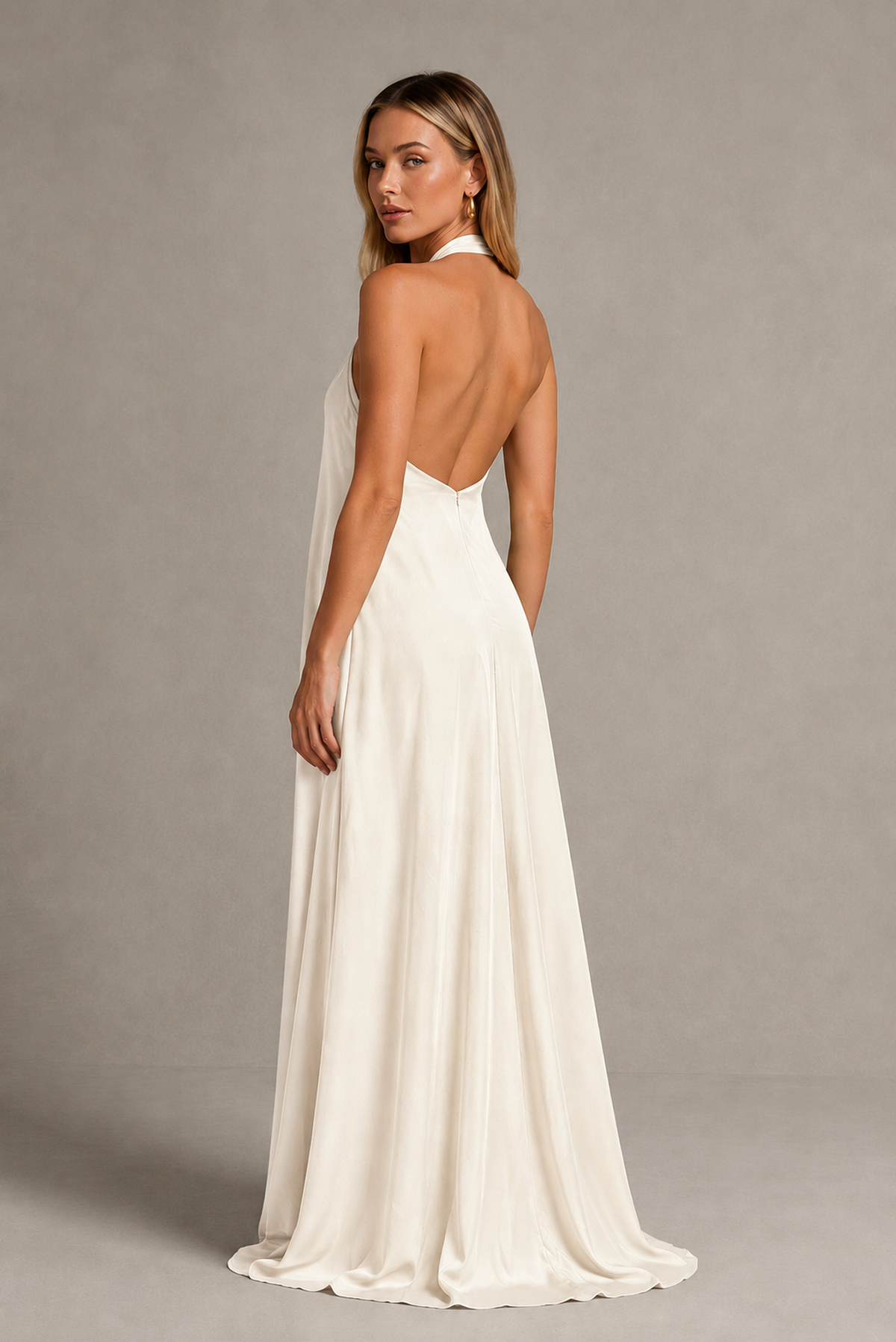 BOLODOO Ivory Backless Halter Satin Bridesmaid Dress - Ivory