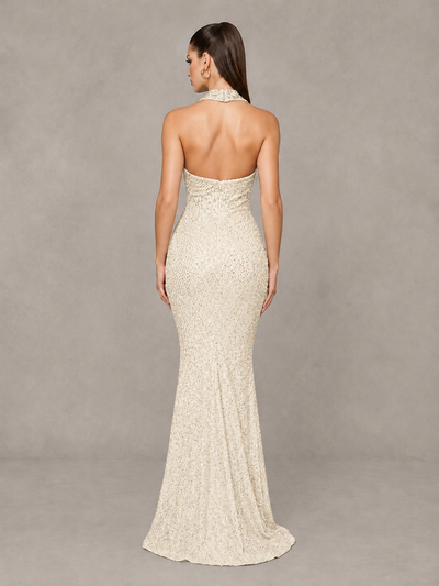 BOLODOO Ivory Sequin Halter Mermaid Evening Gown - Ivory - Ivory (2)