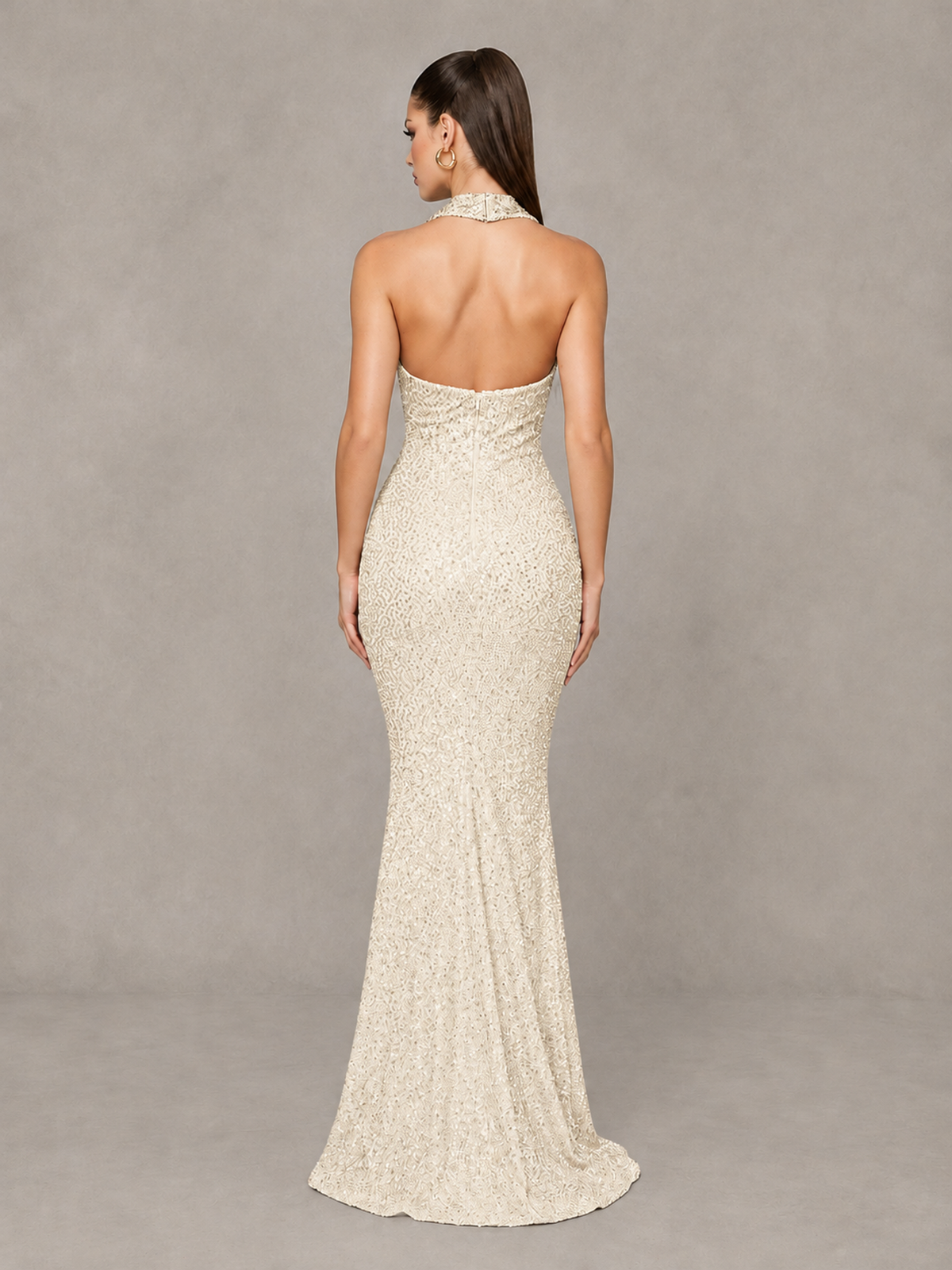 BOLODOO Ivory Sequin Halter Mermaid Evening Gown - Ivory - Ivory (2)