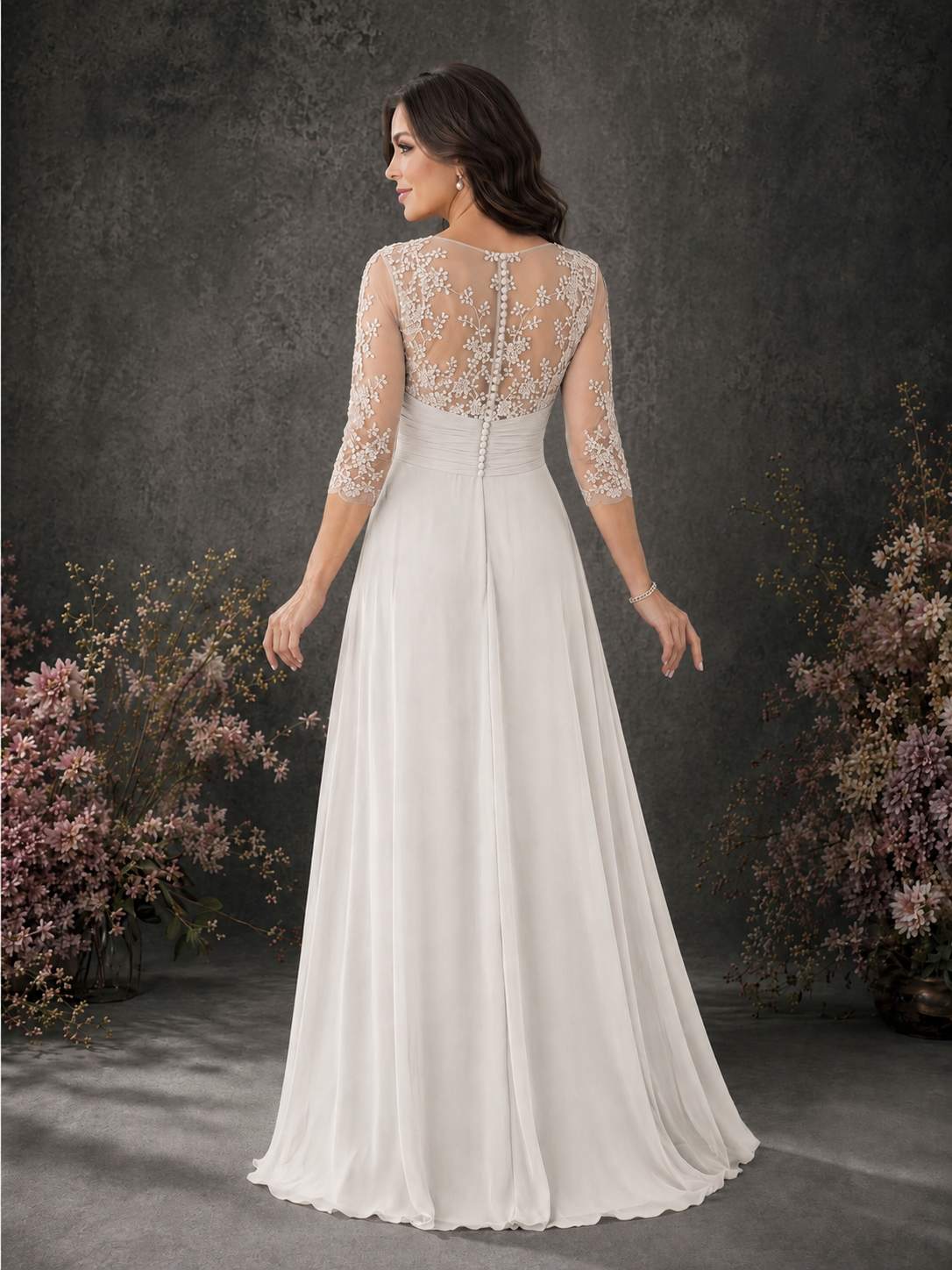 BOLODOO Ivory Chiffon Lace Illusion Neckline 3/4 Sleeve Floor Length Formal Gown - Ivory