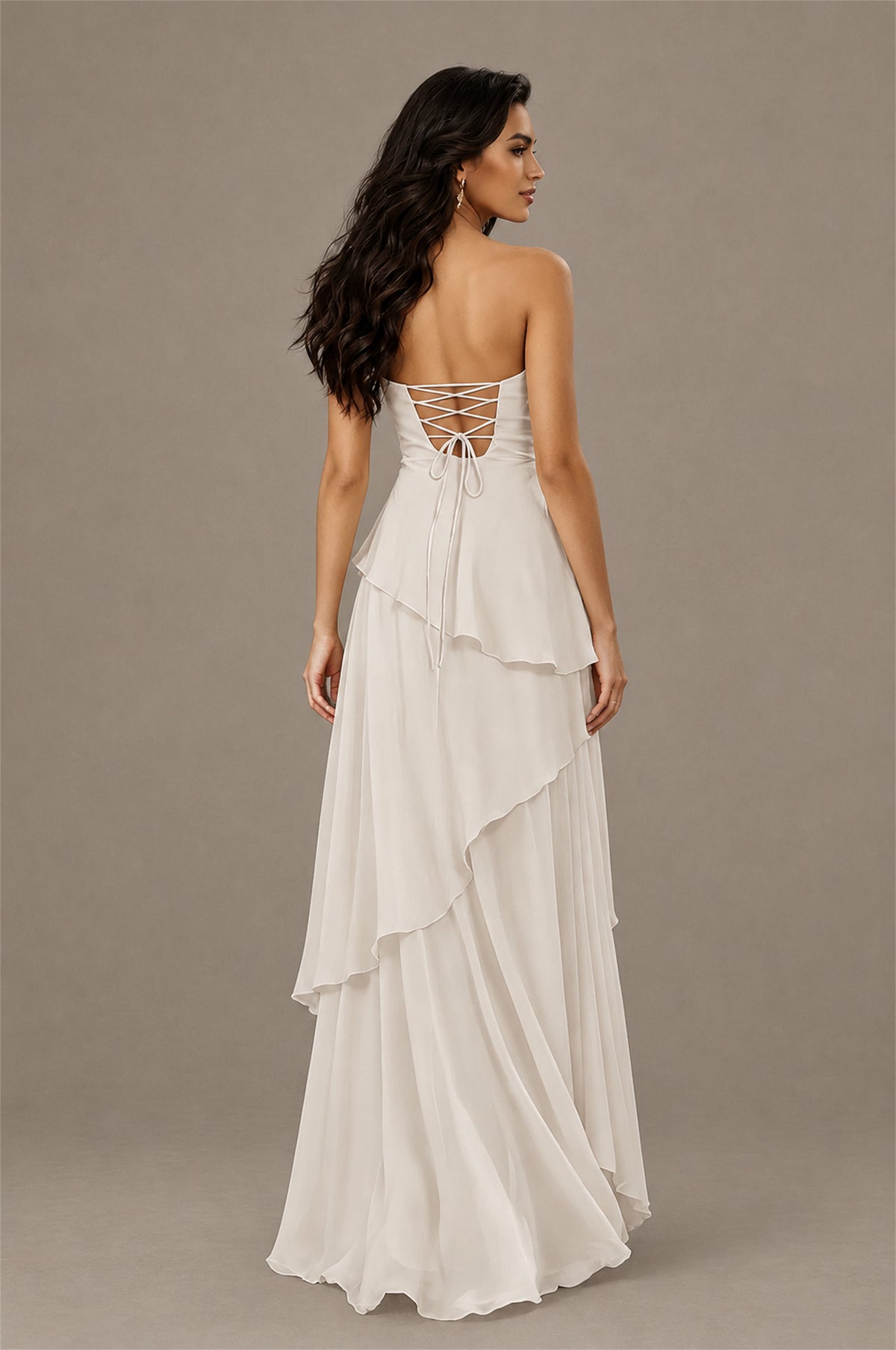 BOLODOO Ivory Strapless Sweetheart Knotted Chiffon Tiered Maxi Dress with Lace-Up Back - Ivory