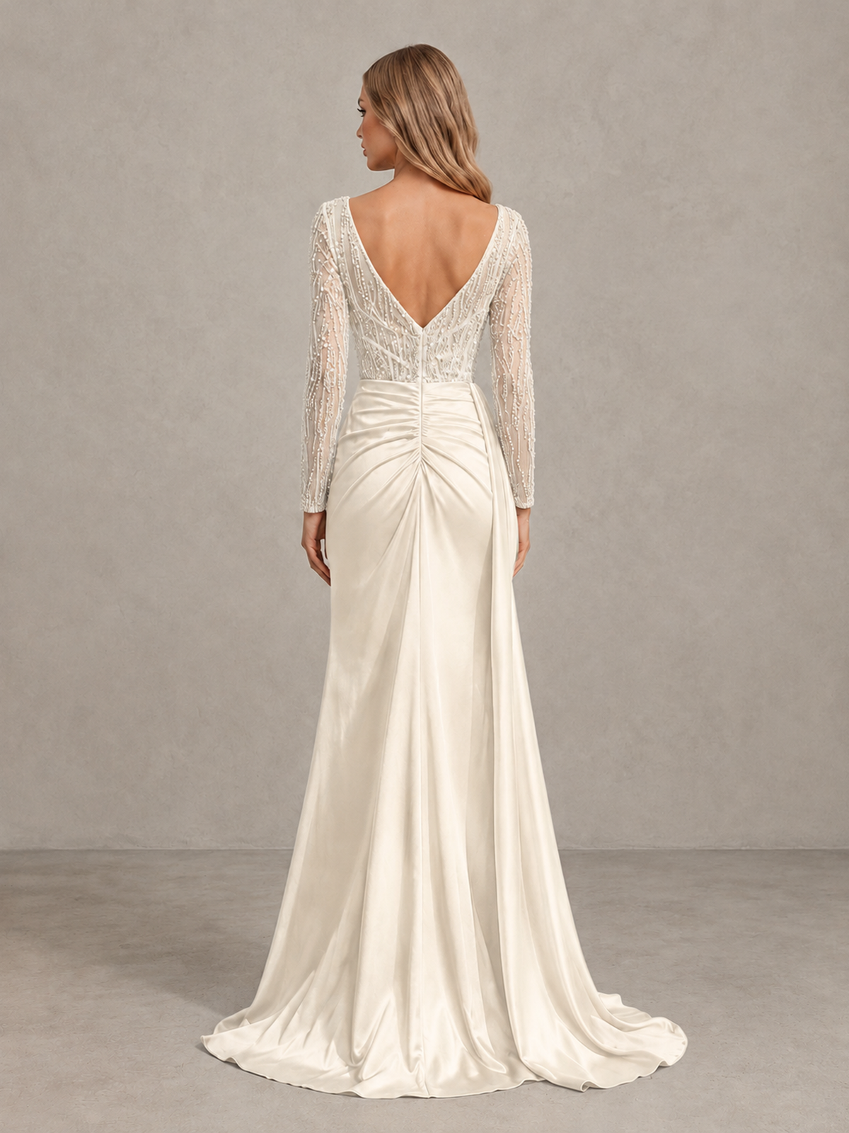 BOLODOO Ivory Long Sleeve Lace Evening Dress with High Slit - Ivory - Ivory (2)