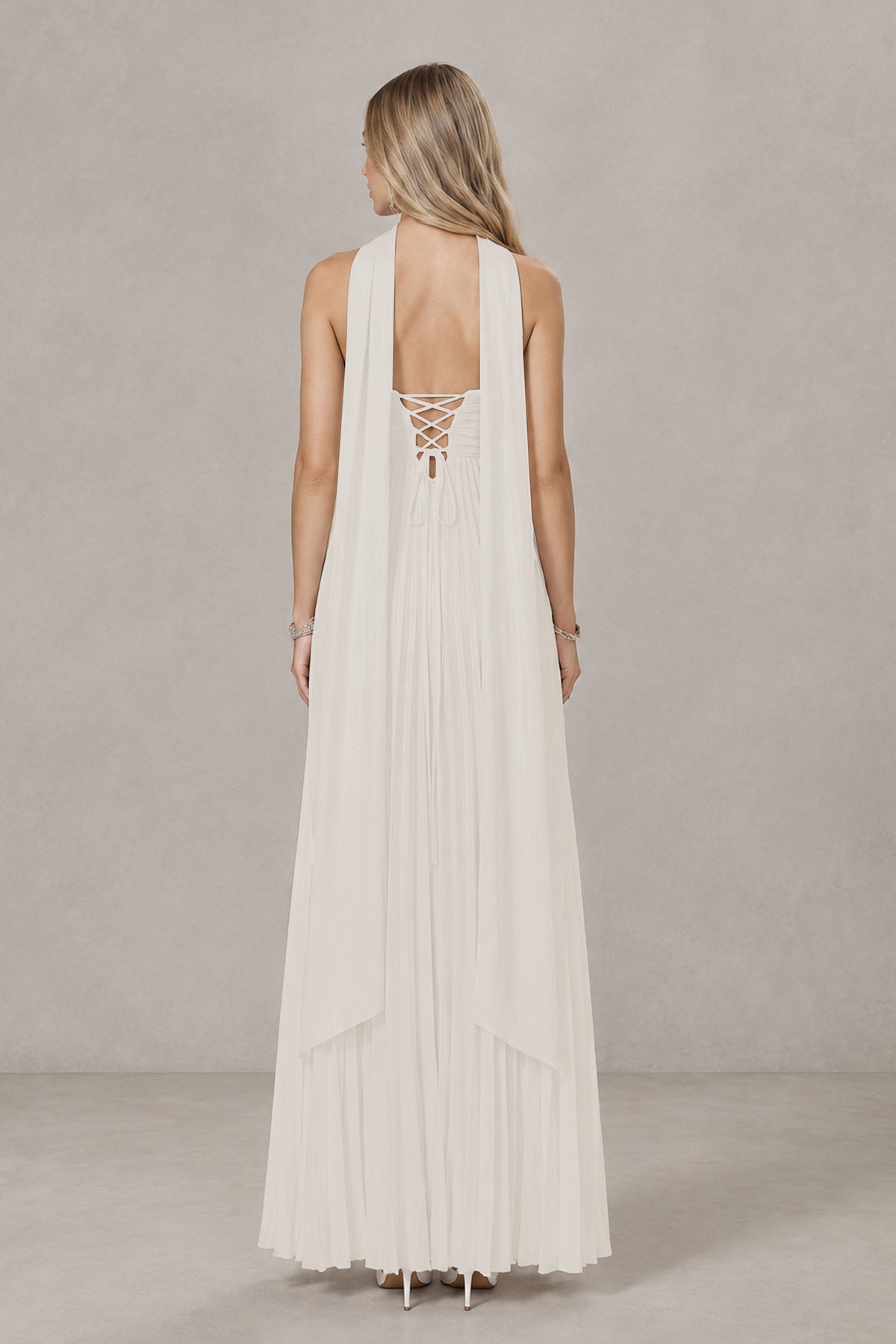 BOLODOO Ivory Strapless Chiffon-Look Maxi Dress with Lace-Up Back & Cape - Ivory
