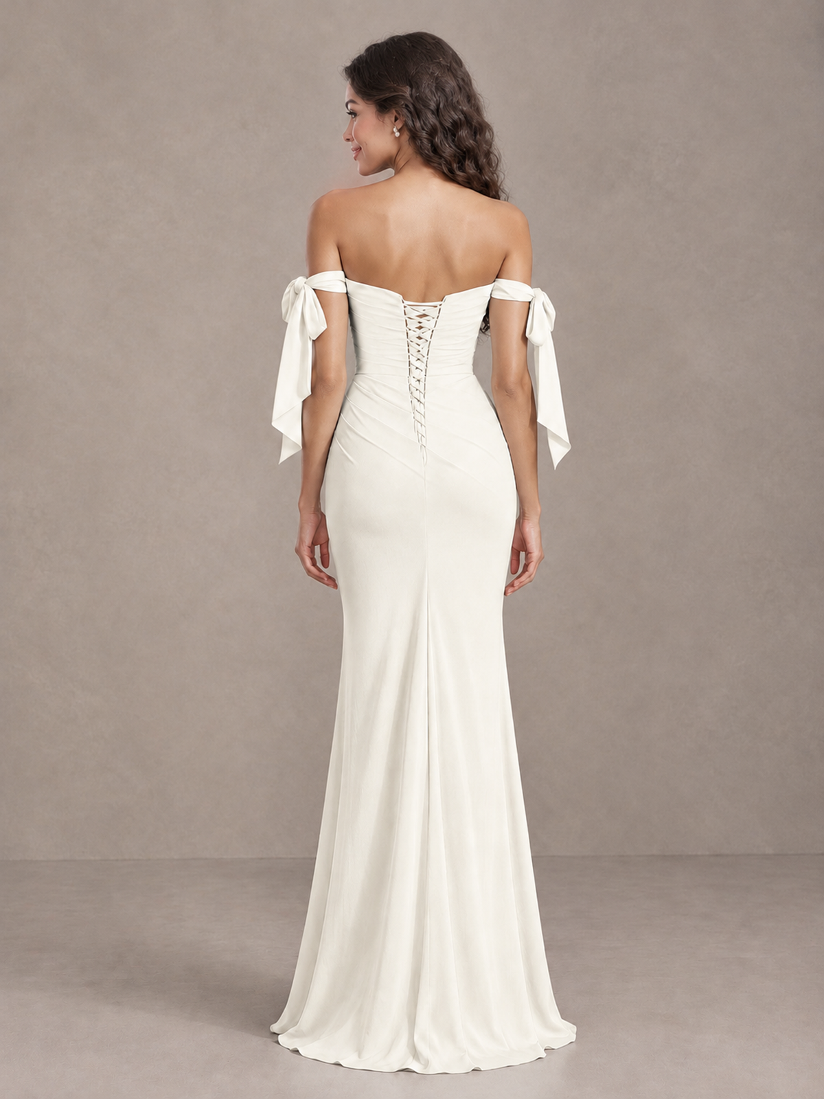 Ivory Off-Shoulder Bow Bridesmaid Dress with Slit - Ivory - Ivory (2)
