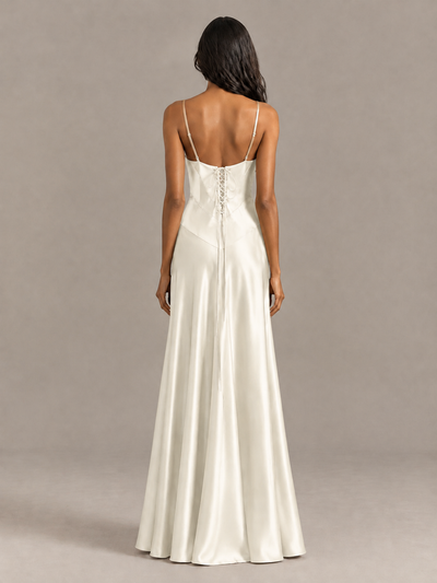 BOLODOO Ivory Satin Lace-Up Back Maxi Dress - Ivory