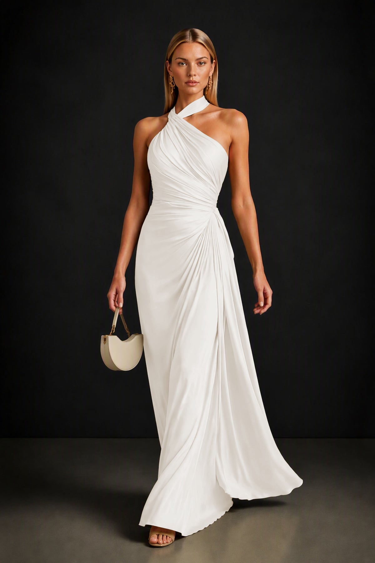 BOLODOO Ivory Twisted Halter Neck Ruched Sleeveless Open Back Floor-Length Gown - Ivory