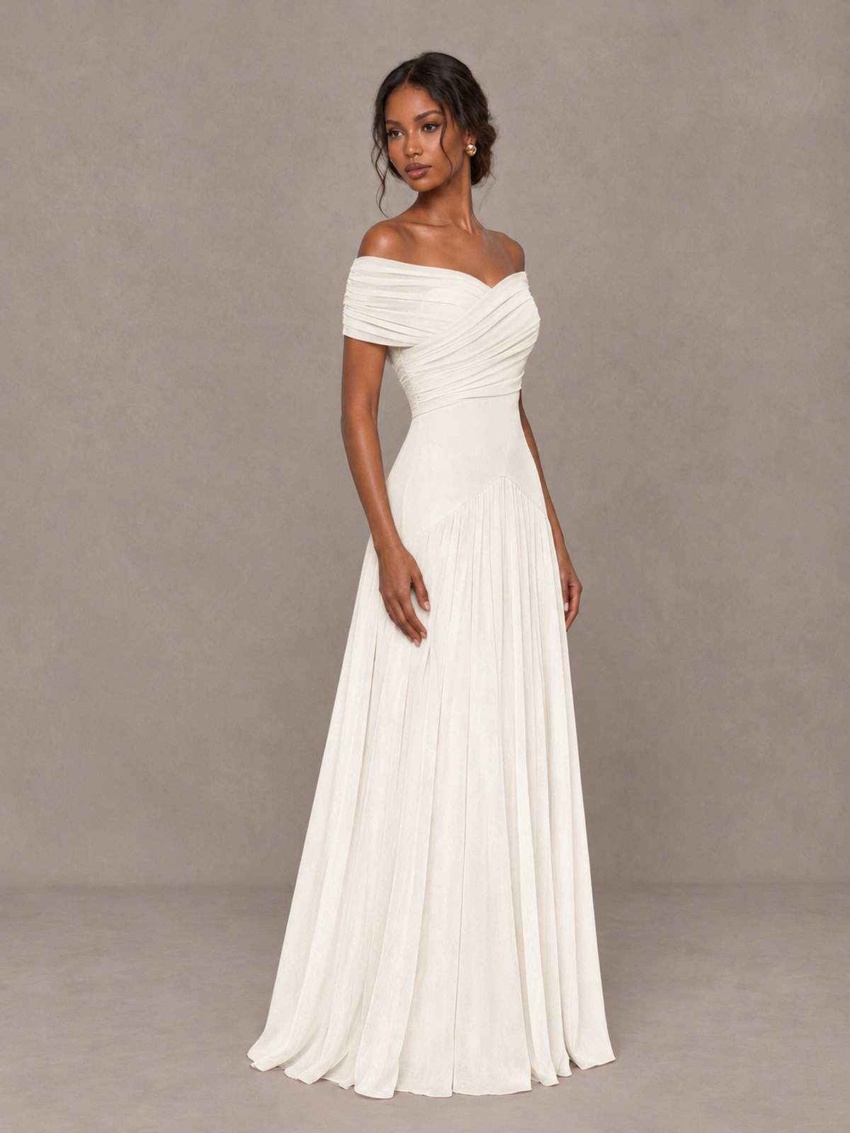 BOLODOO Ivory Off-Shoulder Ruched A-Line Bridesmaid Dress - Ivory - Ivory (3)