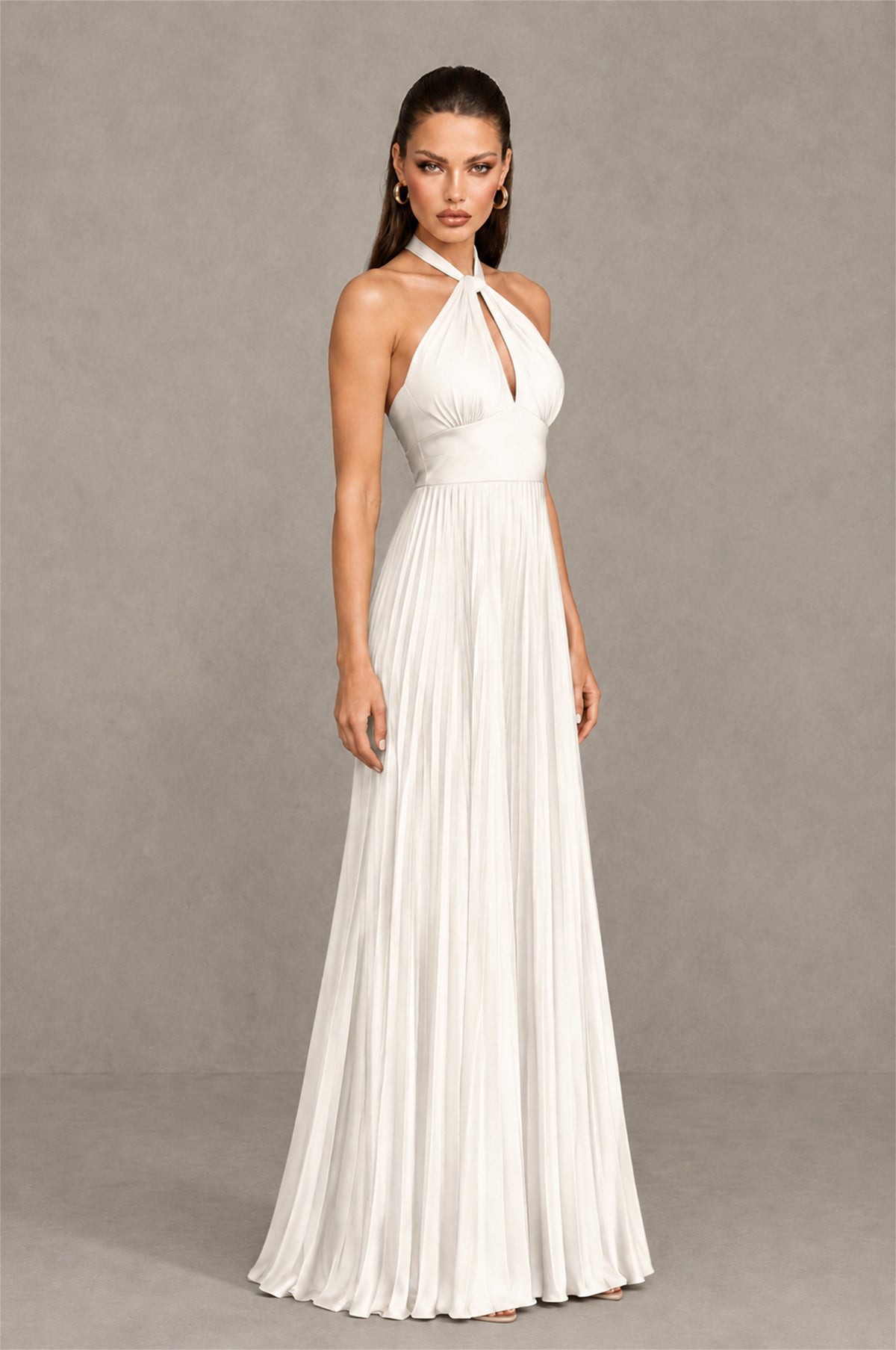 BOLODOO Ivory Halter Pleated A-Line Evening Dress - Ivory