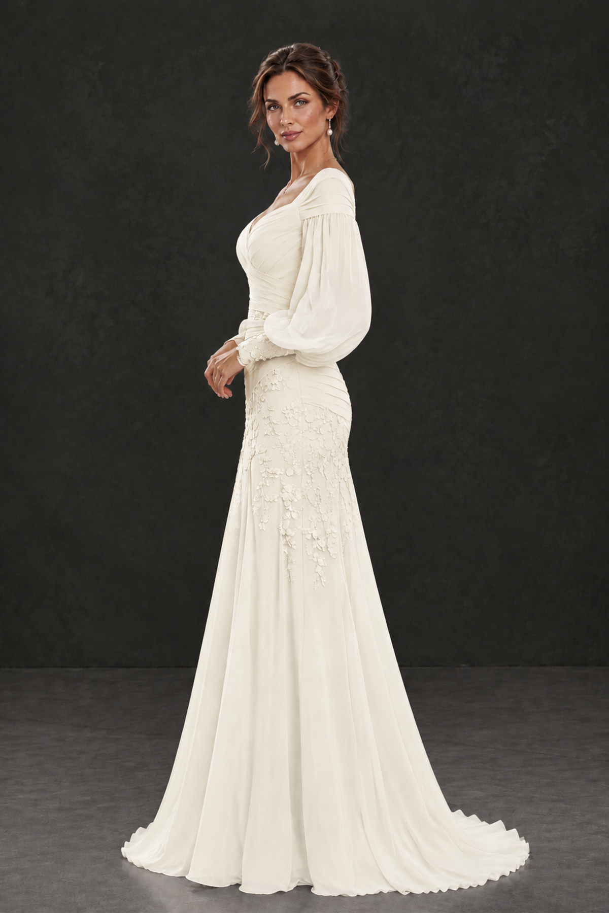 BOLODOO Ivory Long Sleeve Mother of the Bride Dress with Floral Appliqués - Ivory - Ivory (3)