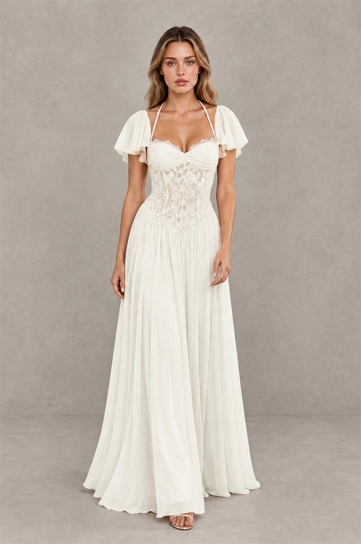 BOLODOO Ivory Flutter Sleeve Lace Corset A-Line Maxi Dress - Ivory - Ivory (3)