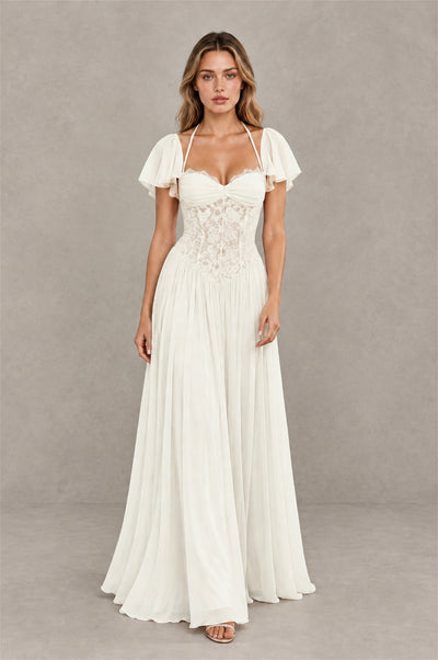 BOLODOO Ivory Flutter Sleeve Lace Corset A-Line Maxi Dress - Ivory - Ivory (3)