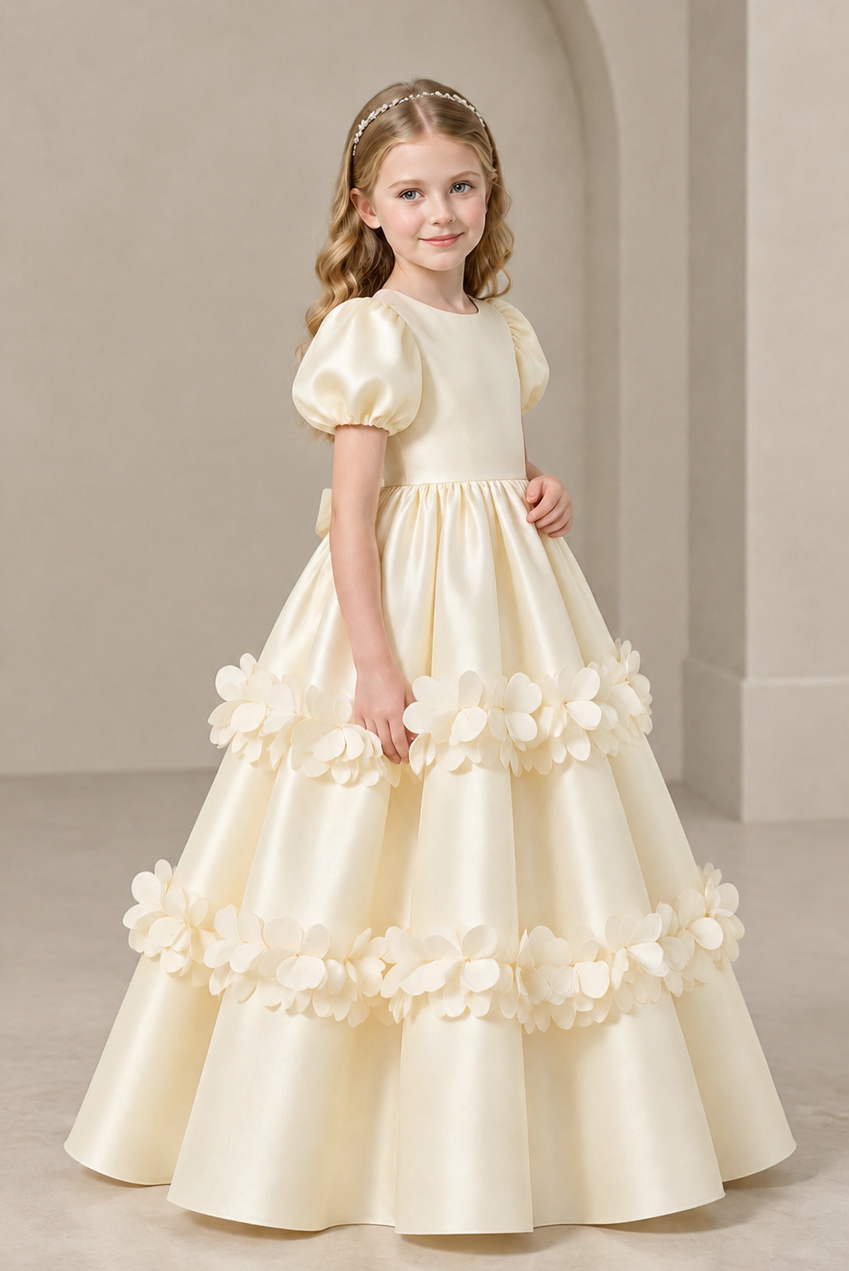 BOLODOO Ivory Satin Flower Girl Dress with Floral Appliques - Ivory